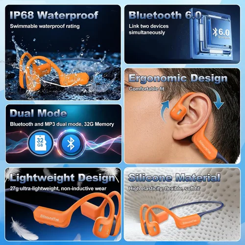 Miniatura 3 de Auriculares de natación de conducción ósea, auriculares subacuáticos impermeables IP68, Bluetooth 6.0 y MP3 con tarjeta de memoria de 32 GB, Naranja