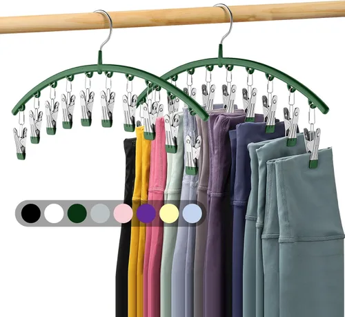 Organizador de leggings para armario, perchas de metal para pantalones de yoga, paquete de 2 con 10 clips con capacidad para 20 leggings, Verde