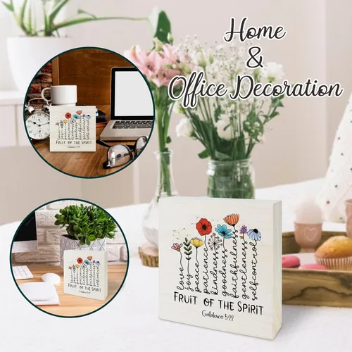 Miniatura 5 de Bloque de madera con texto inspirador, Fruta del Espíritu, flores de acuarela, decoración moderna de mesa de granja para el hogar, oficina, cocina