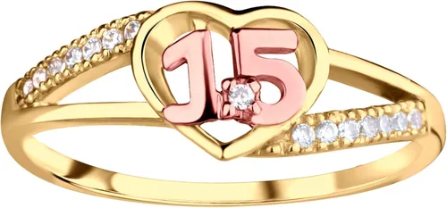 Cherished Moments Anillo de plata de ley con corazón chapado en oro para regalo de quinceañera, regalo "Sweet 15" con 15 circonitas brillantes