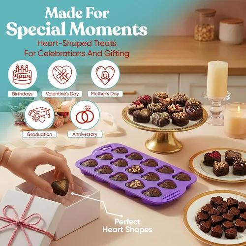 Miniatura 8 de Bakerpan Paquete de 3 mini moldes de silicona en forma de corazón para chocolate, dulces, gomitas, cubitos de hielo, gelatina y trufas