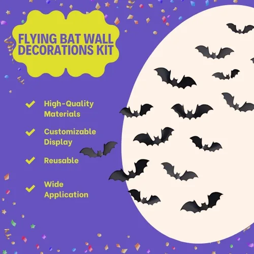 Miniatura 5 de Kit de decoración de papel de pared de murciélago volador negro, 1 unidad, espeluznante y elegante, perfecto para fiestas de Halloween y decoración