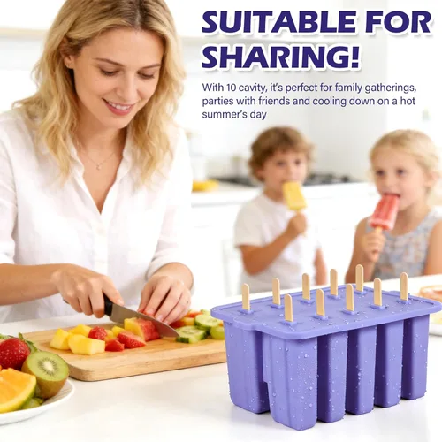 Miniatura 6 de Moldes de silicona morada, 10 cavidades caseras para paletas de hielo, para niños y adultos, de grado alimenticio, sin BPA, con palitos para hacer