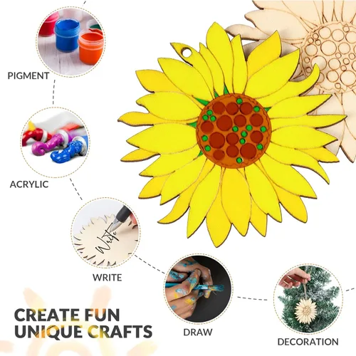 Miniatura 2 de 10 piezas de madera sin terminar con forma de girasol, piezas de discos de rebanadas para manualidades, decoración de primavera
