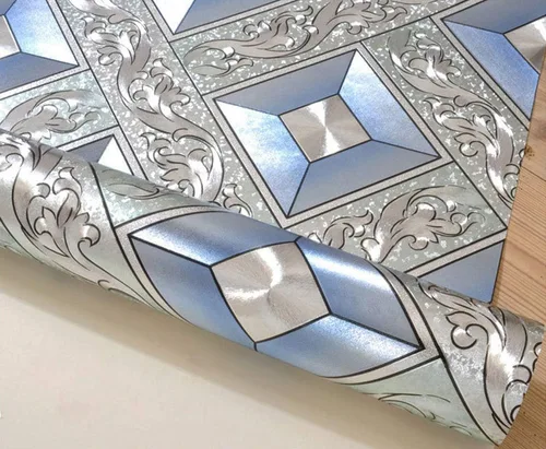Miniatura 4 de Q QIHANG DAWEI - Papel tapiz decorativo para habitación de KTV, mosaico plateado, diseño de rombos y rombos, color azul plateado, 1.73 pies de ancho