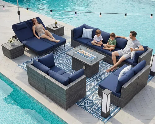 Miniatura 67 de NICESOUL Juego de muebles de patio para exteriores de 7 piezas con mesa para hoguera, gas natural y propano convertible, respaldo alto de 29.3