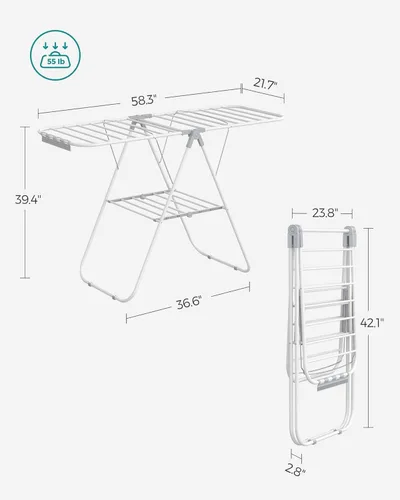 Miniatura 6 de SONGMICS Tendedero para ropa, con clips para calcetines, estante de lavandería de metal, plegable, ahorra espacio, soporte independiente, con 2 alas