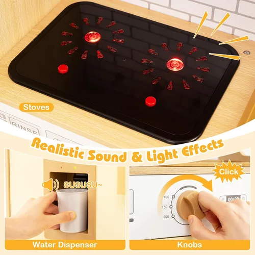 Miniatura 5 de Costzon Juego de cocina para niños, juguete Montessori de madera para niños pequeños de juego de simulación con puerta de ratán, luz y sonido, Ratán