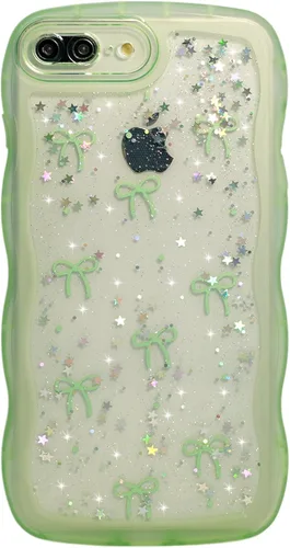 Miniatura 82 de Qokey Funda para iPhone 12 Pro Max de 6.7 pulgadas, diseño de onda rizada, borde transparente, brillante con purpurina, estrella brillante, bonita