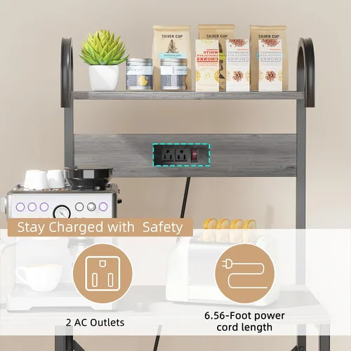 Miniatura 7 de JAMFLY Estante para hornear de cocina de 35.4 pulgadas con toma de corriente, mesa de café y soporte para horno microondas, estante de Gris
