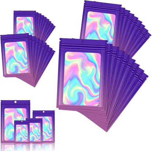 Miniatura 23 de 120 bolsas de tereftalato de polietileno a prueba de olores, bolsa de embalaje holográfica resellable con ventana transparente para alimentos