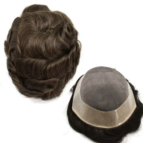 Miniatura 12 de Peluca de cabello humano monofilamento fino para hombre tipo tupé de polietileno alrededor del sistema de cabello, peluca duradera de monofilamento