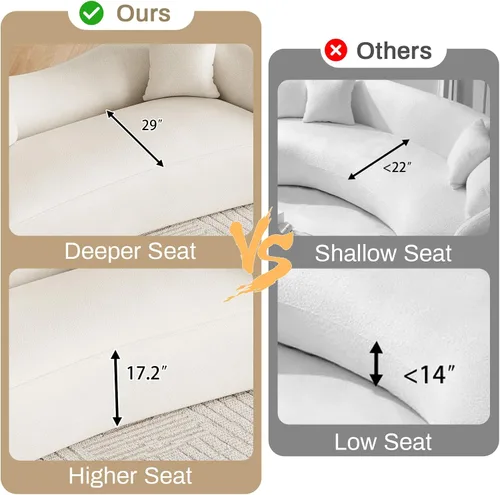 Miniatura 3 de Sofá curvado de 90.8 pulgadas para sala de estar, moderno y cómodo sofá de felpilla de 3 plazas sin hueso, asiento extra profundo y ancho con 2 Beige