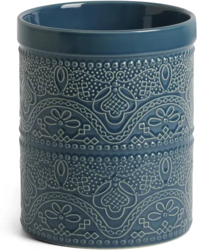 Miniatura 12 de FUN ELEMENTS Soporte para utensilios de cocina, 7.2" Recipiente para utensilios súper grande pesado y estable de cerámica con relieve de encaje