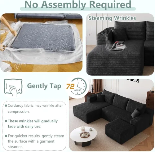 Miniatura 7 de Sofá modular de 95 pulgadas con otomana, moderno sofá nube de pana con asiento profundo, sofá sin hueso tapizado de 3 plazas en forma de U para sala