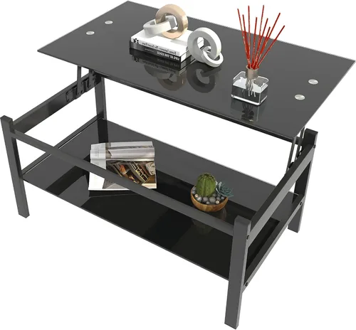 Miniatura 19 de ODUSE-DAILY Morden Design - Mesa auxiliar rectangular de cristal para sala de estar, con patas de metal negro, vidrio templado transparente