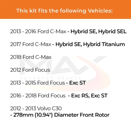 Miniatura 2 de MAX Advanced Brakes - Kit de freno delantero para Ford Focus 2012-2018 (excluyendo ST, RS), Ford C-MAX 2013-2018 (híbrido) Kit de freno y rotor