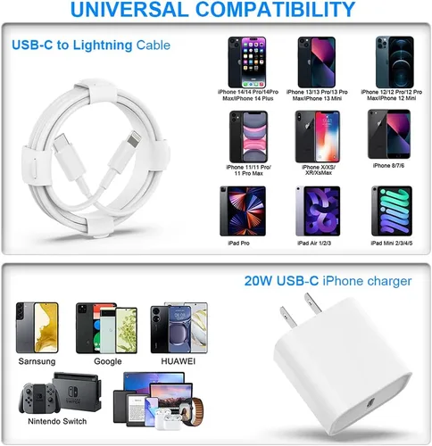 Miniatura 6 de Cargador USB C para iPhone, carga rápida, paquete de 3 unidades de 20 W, tipo C, cargador de pared con cable de carga USB C de 6 pies de largo