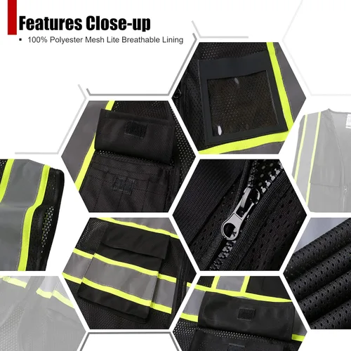 Miniatura 3 de Chalecos de seguridad de malla negra reflectante de alta visibilidad con 8 bolsillos y cremallera frontal, chaleco de seguridad de alta visibilidad