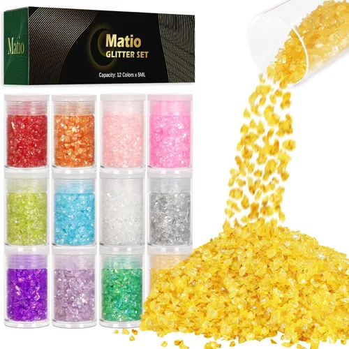 Matio 12 colores de vidrio triturado iridiscente, purpurina gruesa irregular, chips de espolvoreo para joyería epoxi de resina, bricolaje, copos de