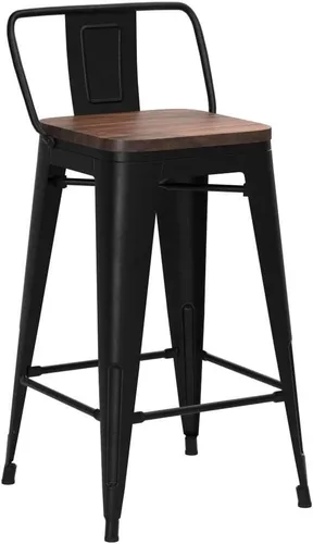 Miniatura 5 de Taburetes de bar de metal con respaldo, juego de 4 taburetes de altura de encimera de cocina con asiento de madera de 24 pulgadas, negro mate