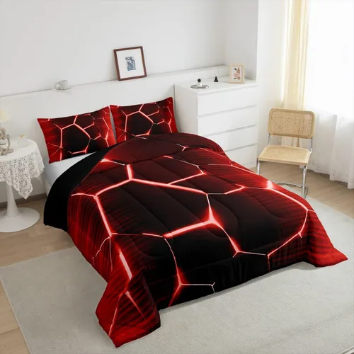 Miniatura 2 de Feelyou Juego de edredón de nido de abeja, edredón hexagonal rojo degradado para niños, niñas, adolescentes, juego de ropa de cama geométrico, Multi