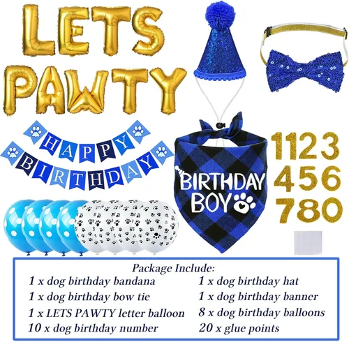 Miniatura 3 de STMK Decoraciones de cumpleaños para perros, sombrero de cumpleaños de perro de varios tamaños con números, bandana, corbatín, bandera, bandera