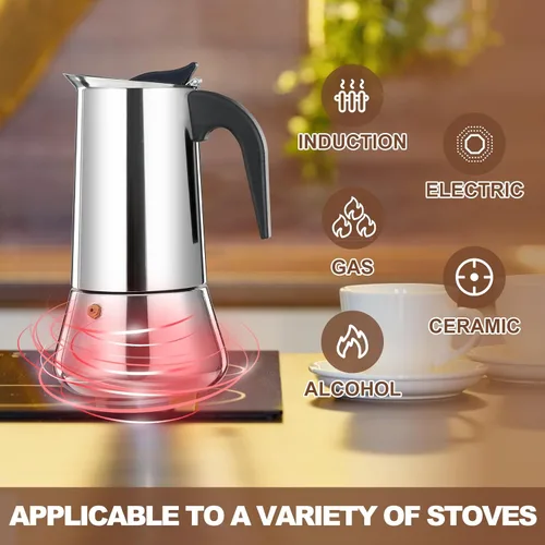 Miniatura 5 de olla de 6 tazas para preparar espresso en la estufa, cafetera moka de acero inoxidable, percolador para estufa, cafetera italiana, capaz de preparar