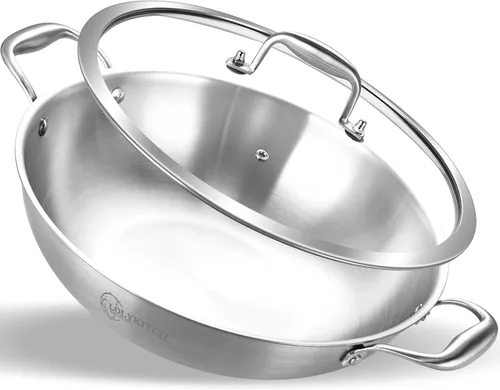 Miniatura 9 de LOLYKITCH Sartén wok de acero inoxidable de tres capas de 12 pulgadas con tapa, Kadai, olla de inducción de 5 cuartos de galón, apta