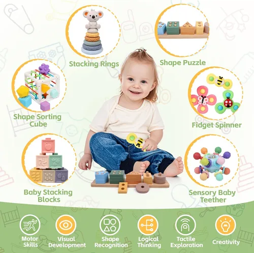 Miniatura 2 de YHHYTOY Juguetes Montessori 6 en 1 para bebés de 0-6 6-12 meses, juguetes de dentición para bebés, bloques apilables suaves, anillos clasificadores