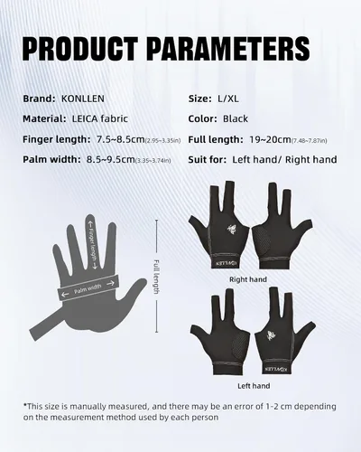 Miniatura 12 de KONLLEN Billiards Gloves for Left Hand/Right Hand L/XL Pool Gloves Professional Non-Slip Adjustable Breathable Snooker Gloves Popular Sizes for Men