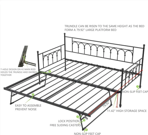 Miniatura 7 de Sofá cama individual con nido y bolsa de almacenamiento, sofá cama de metal con nido desplegable, cama de día con soporte de listones de acero, sofá