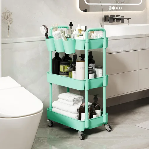 Miniatura 5 de UDEAR Carrito utilitario rodante de 3 niveles, estantes de almacenamiento multifuncionales con asa y ruedas con cerradura para habitación, oficina