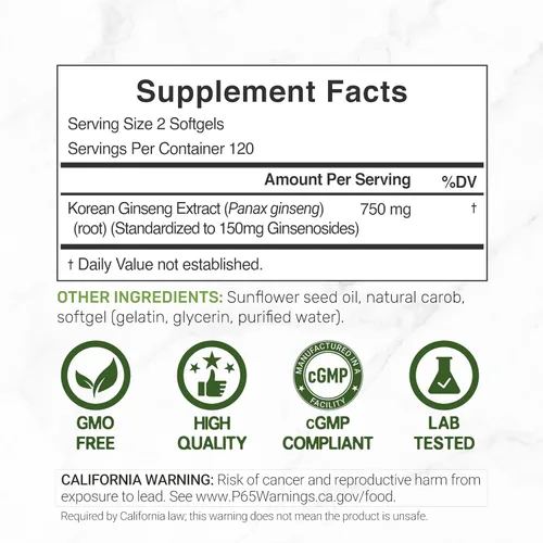 Miniatura 2 de Extracto de raíz de ginseng panax rojo coreano, 7,500 mg en porción, 240 cápsulas blandas - 150 mg de ginsenósidos activos