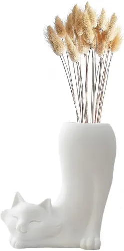 Florero de gato blanco, plantas secas, jarrón de pampas, maceta estética para habitación, baño, decoración de hogar, oficina, estantería, decoración