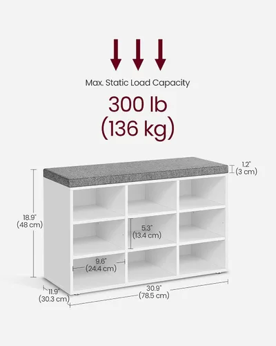 Miniatura 3 de VASAGLE - Colección CUSTOS - Banco para zapatos, banco de almacenamiento con asiento acolchado, banco de entrada con 9 compartimentos, para Blanco