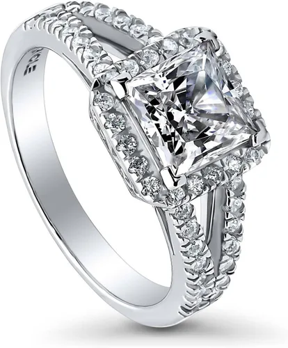 BERRICLE Anillos de compromiso de boda de plata de ley con halo de corte princesa, circonita cúbica, anillo de compromiso con vástago dividido para