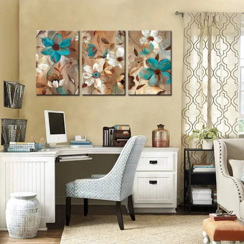 Miniatura 4 de Biuteawal - Pintura abstracta de flores sobre lienzo, arte de pared, diseño floral azul y blanco, ilustraciones decorativas contemporáneas