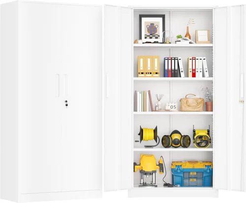 Miniatura 14 de Greenvelly Armario de almacenamiento de metal de 72 pulgadas de alto con 2 puertas y 4 estantes ajustables, gabinete de metal negro con cerradura