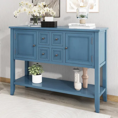 Mesa de consola buffet aparador sofá mesa auxiliar de entrada con 4 cajones de almacenamiento, 2 armarios y estante inferior para sala de estar Azul