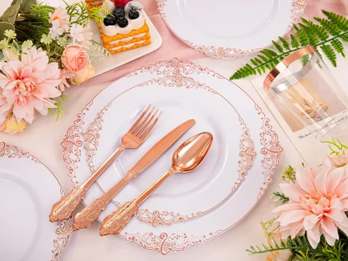 Miniatura 8 de Morejoy - Juego de vajilla de plástico de 175 piezas en oro rosa y plata: 25 platos, 25 tenedores, 25 cuchillos, 25 cucharas, 25 tazas, 25 Oro