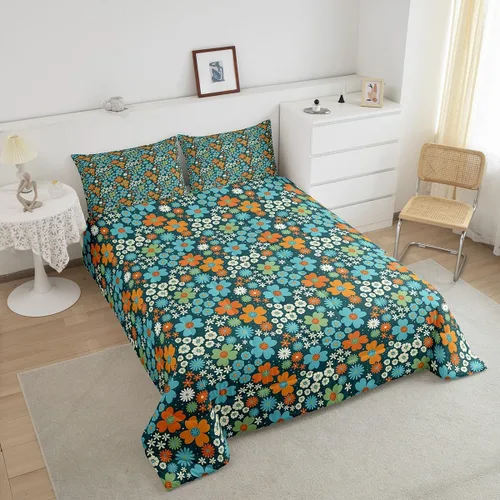 Miniatura 4 de Juego de ropa de cama floral retro, tamaño individual, vintage de los años 70 y 60, juego de edredón para niños, adultos y adolescentes, juego