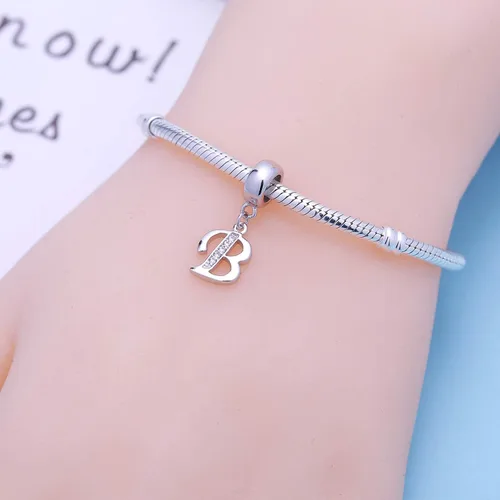 Miniatura 10 de ABUN Abalorio de plata de ley 925 con letra A a la Z, espaciador de inicial, con circonita cúbica transparete colgante, auténtica, para pulseras