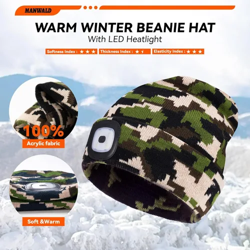 Miniatura 4 de MANWALD Gorro LED con luz, linterna LED recargable por USB, regalos para Navidad, rellenos de calcetines para hombres, Camouflaje, Grande