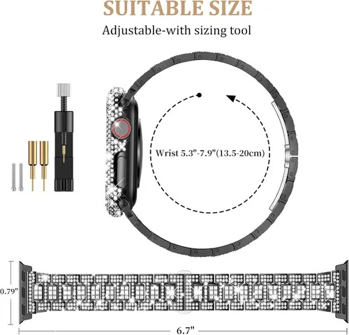 Miniatura 3 de Mosonio Compatible con correas brillantes para Apple Watch de 40/44/41/45/42/1.811 in con caja de metal brillante, bandas de diamantes de lujo
