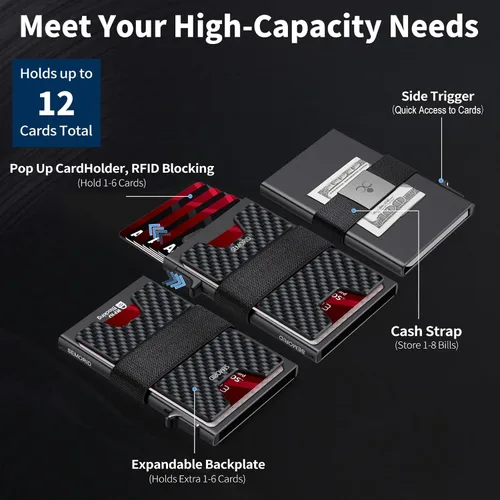 Miniatura 92 de Cartera delgada de aluminio para hombre, placa trasera expandible duradera, bloqueo RFID, billetera desplegable de metal minimalista, con capacidad