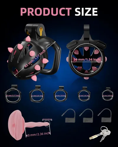 Miniatura 7 de Jaulas de castidad masculina para hombres, jaula pequeña para pene con puntos de masaje de silicona, ligera impresa en 3D, anillos de 5 tamaños