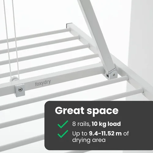 Miniatura 7 de foxydry Mini estante de secado de ropa montado en el techo, tendedero de polea, estante de secado de ropa plegable vertical 59.8x21.25x9.8 in Blanco