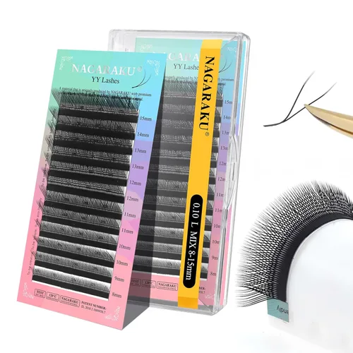 Miniatura 24 de Suministros de extensiones de pestañas NAGARAKU yy, pestañas falsas 0.05mm rizado D, bandeja mixta 8-12mm, prefabricadas 4D, abanico fácil, volumen