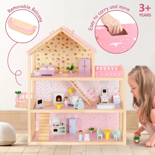 Miniatura 5 de Pillowhale Casa de muñecas grande de madera, casa de muñecas de 3 pisos con 38 piezas de muebles y accesorios, pisos de concepto abierto, balcón